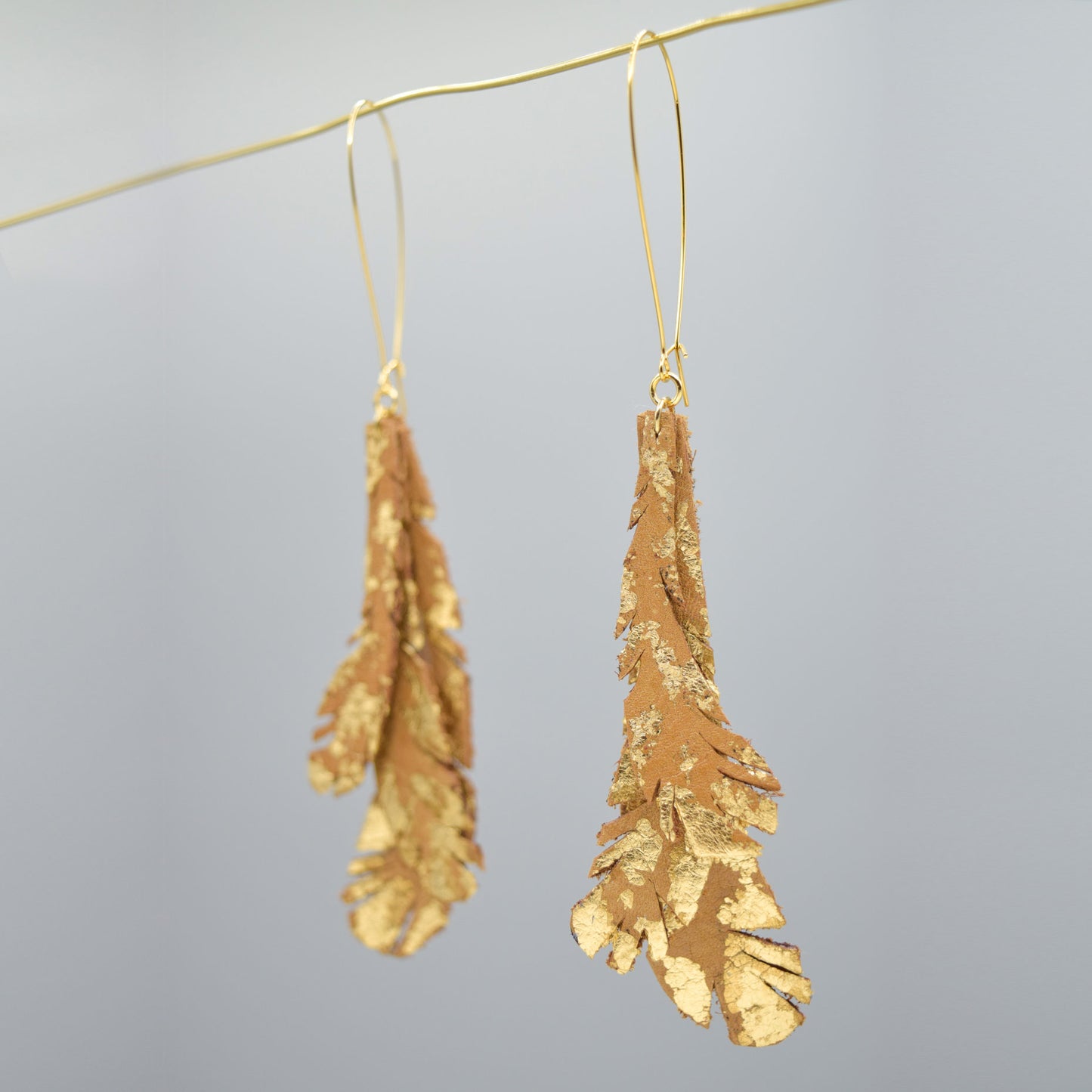 Feather Leather Earrings with Gold Metal Leaf- Camel