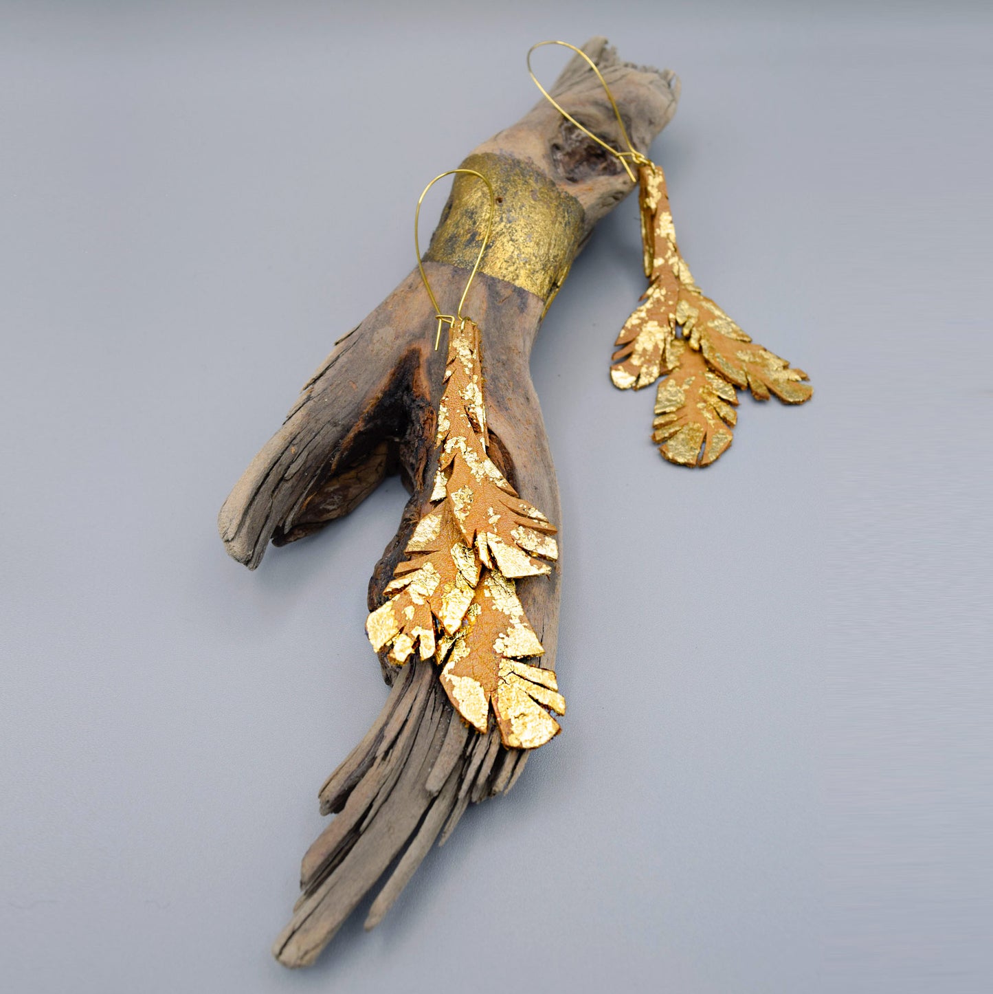 Feather Leather Earrings with Gold Metal Leaf- Camel