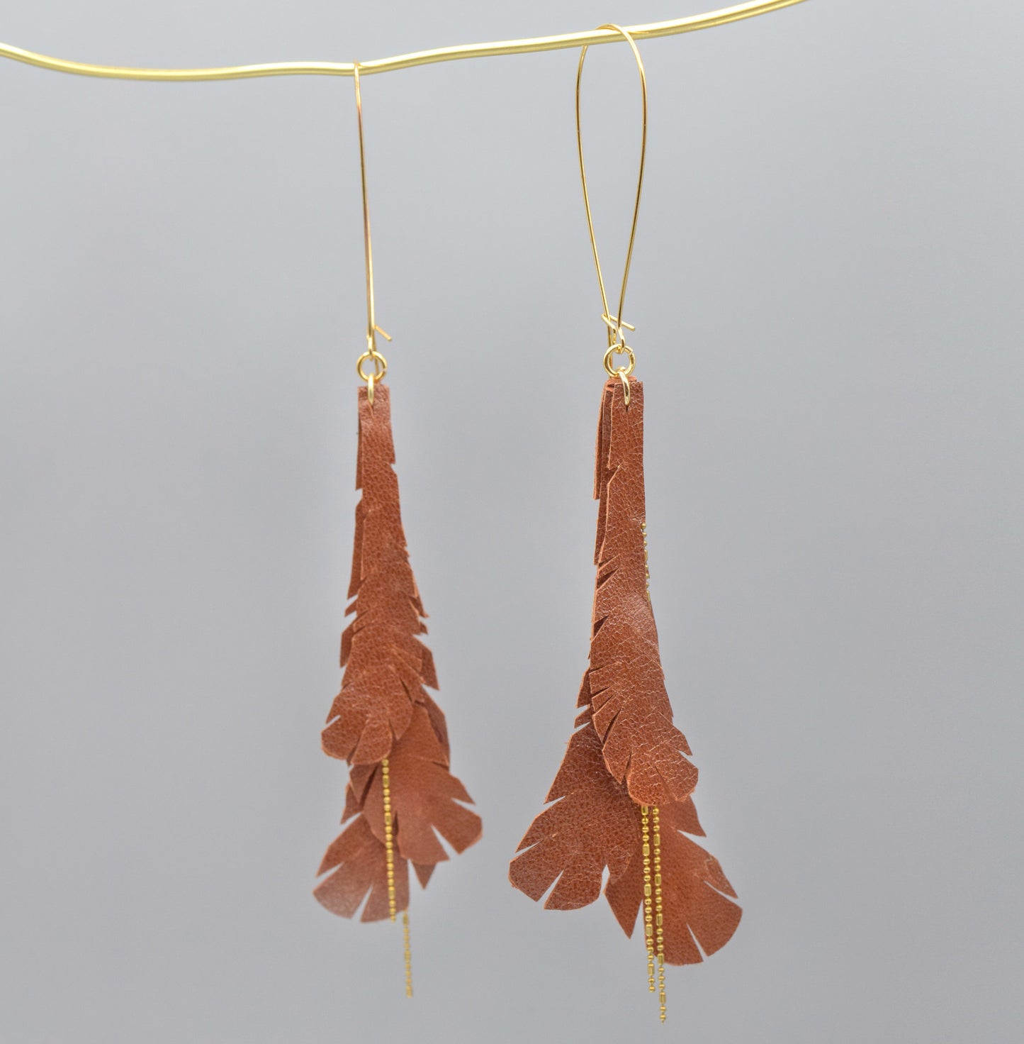 Caramel Feather Leather Earrings with Gold Chain Detail
