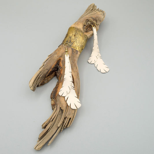 Feather Leather Earrings- Cream "Shorties"