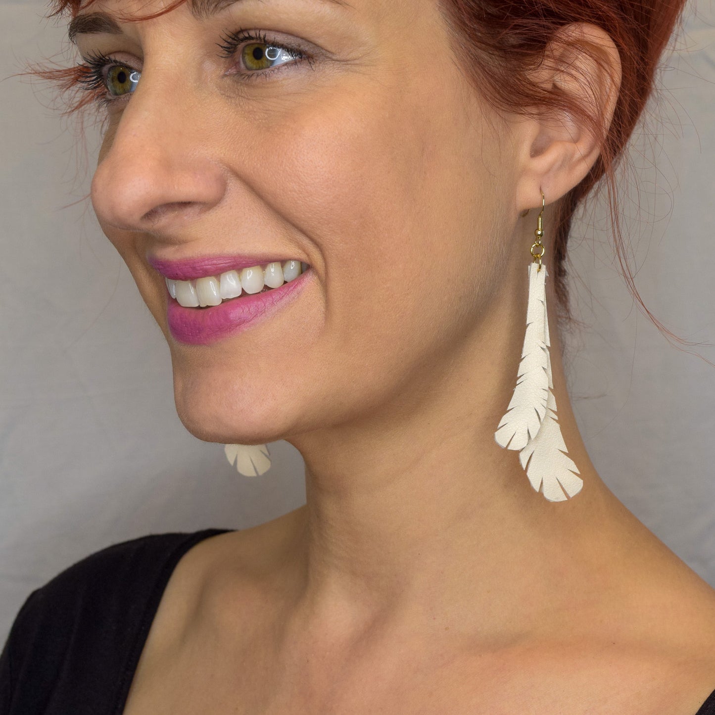 Feather Leather Earrings- Cream "Shorties"