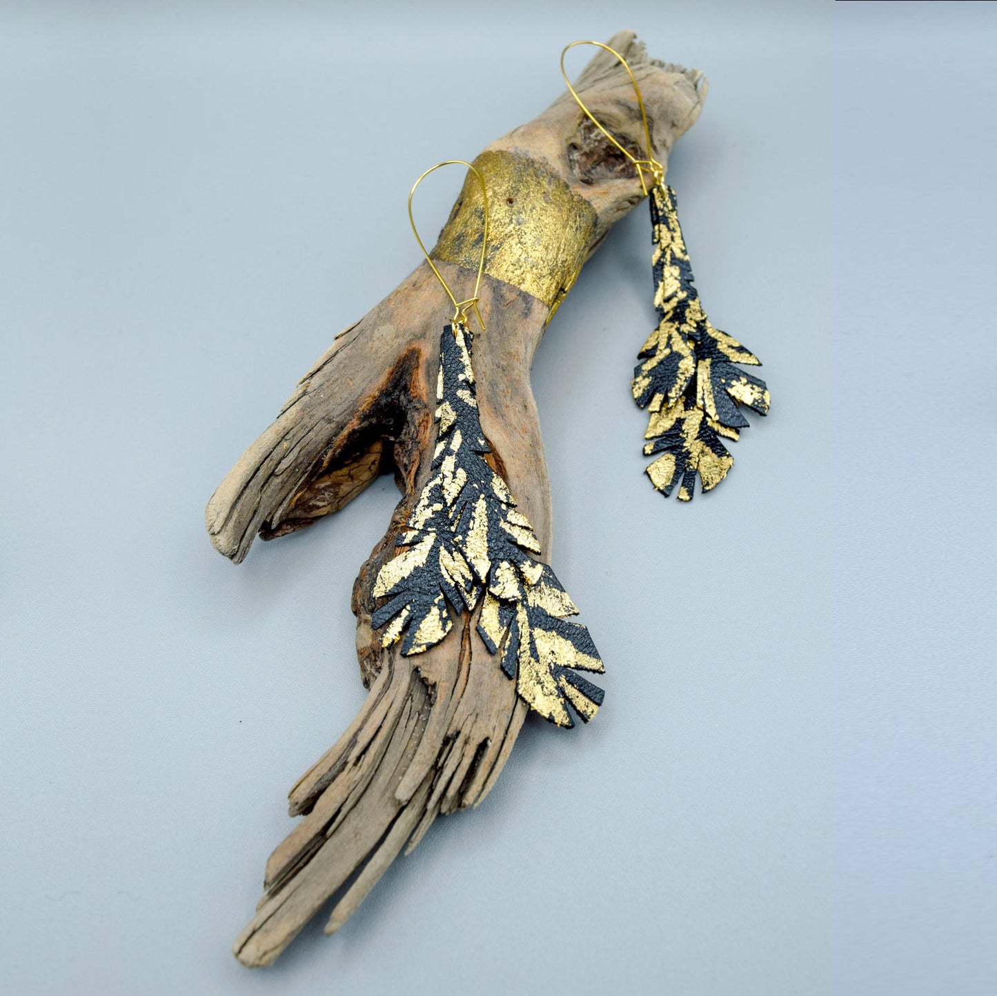 Feather Leather Earrings with Gold Metal Leaf- Black