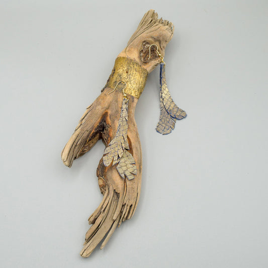 Metallic Feather Leather Earrings- Gold/Blue "Shorties"