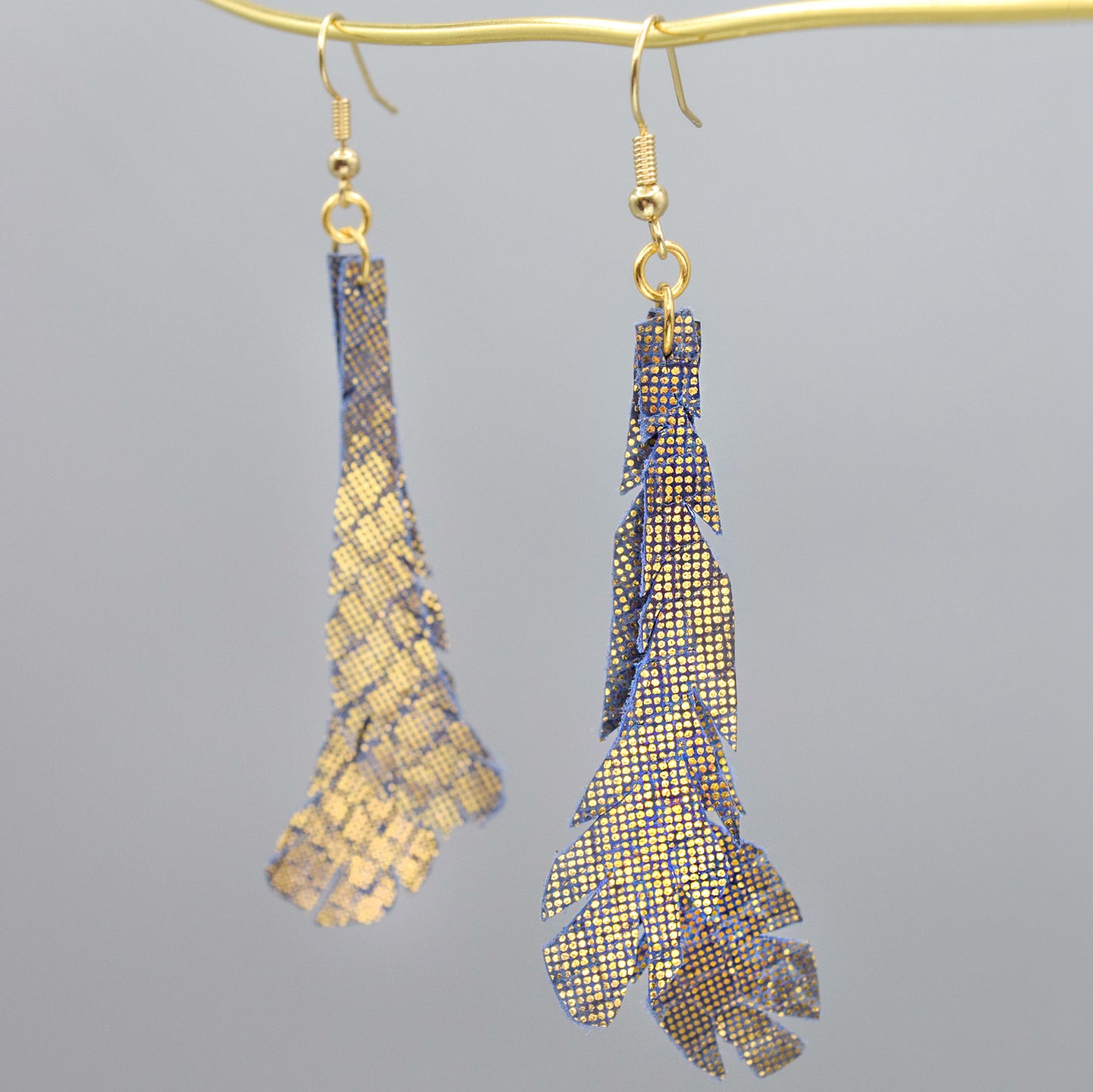 Metallic Feather Leather Earrings- Gold/Blue "Shorties"