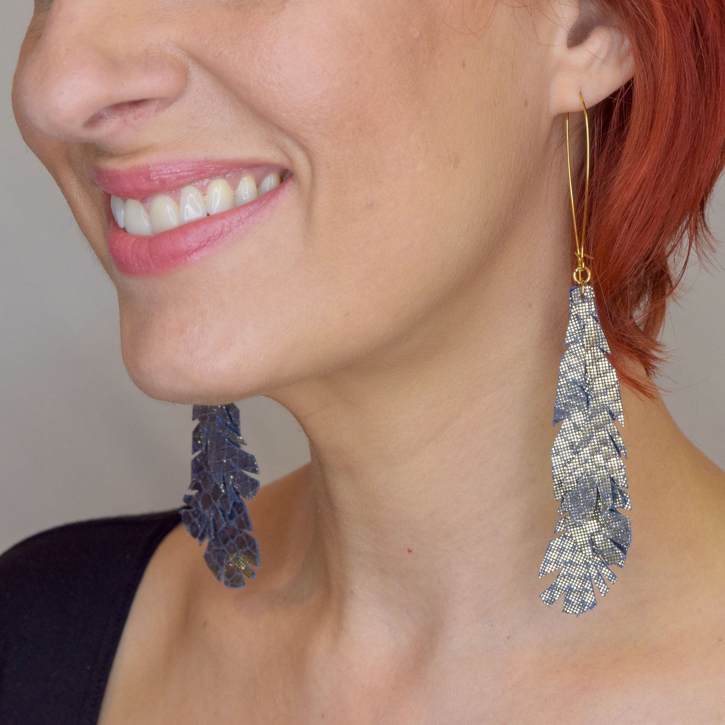 Metallic Feather Leather Earrings- Blue/Gold