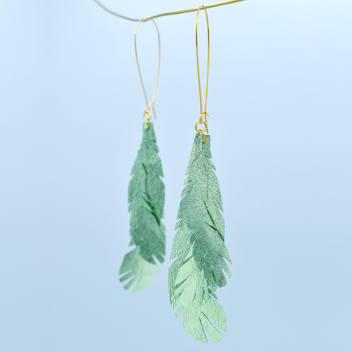 Metallic Feather Leather Earrings- Green