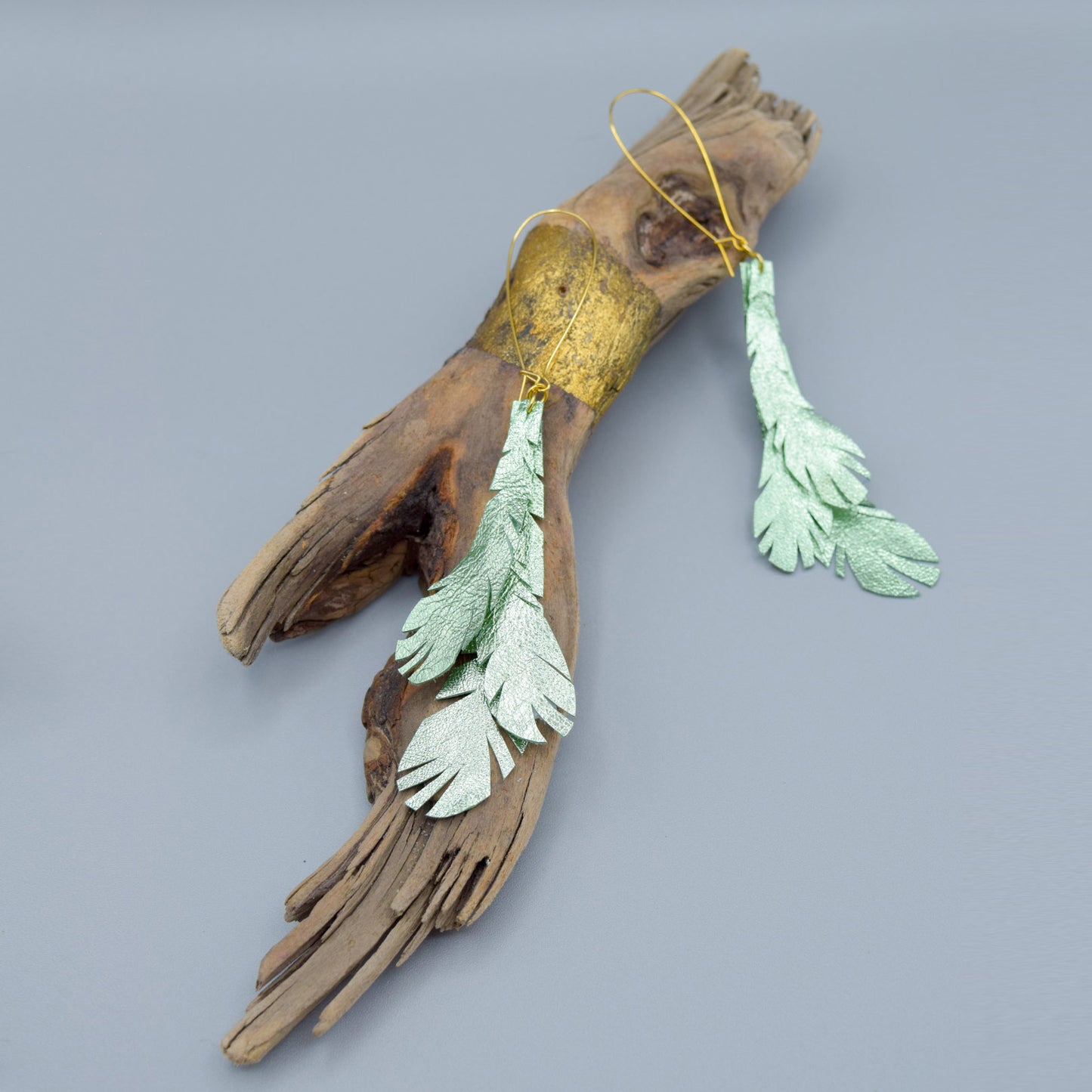 Metallic Feather Leather Earrings- Green
