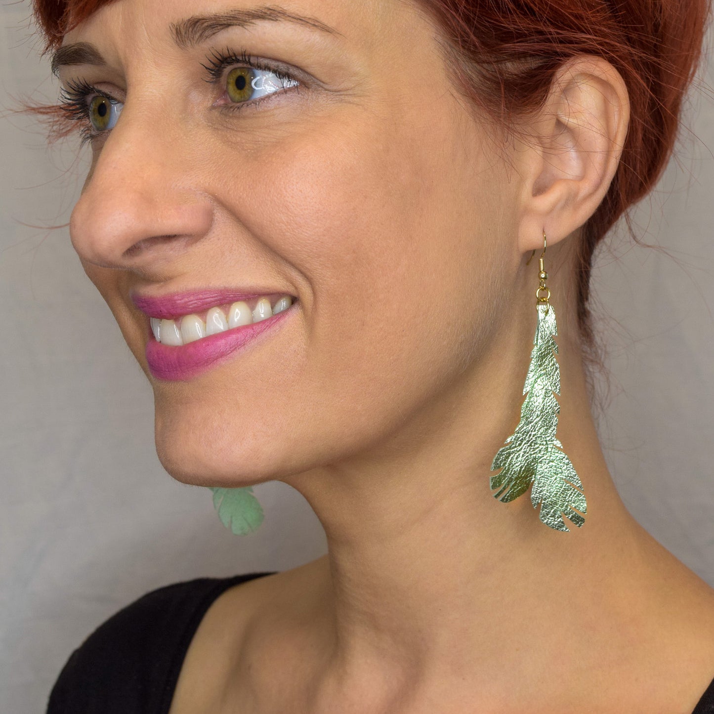 Metallic Feather Leather Earrings- Green "Shorties"