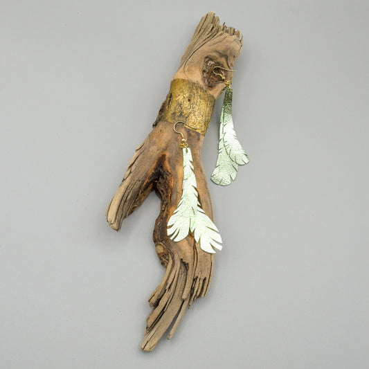 Metallic Feather Leather Earrings- Green "Shorties"