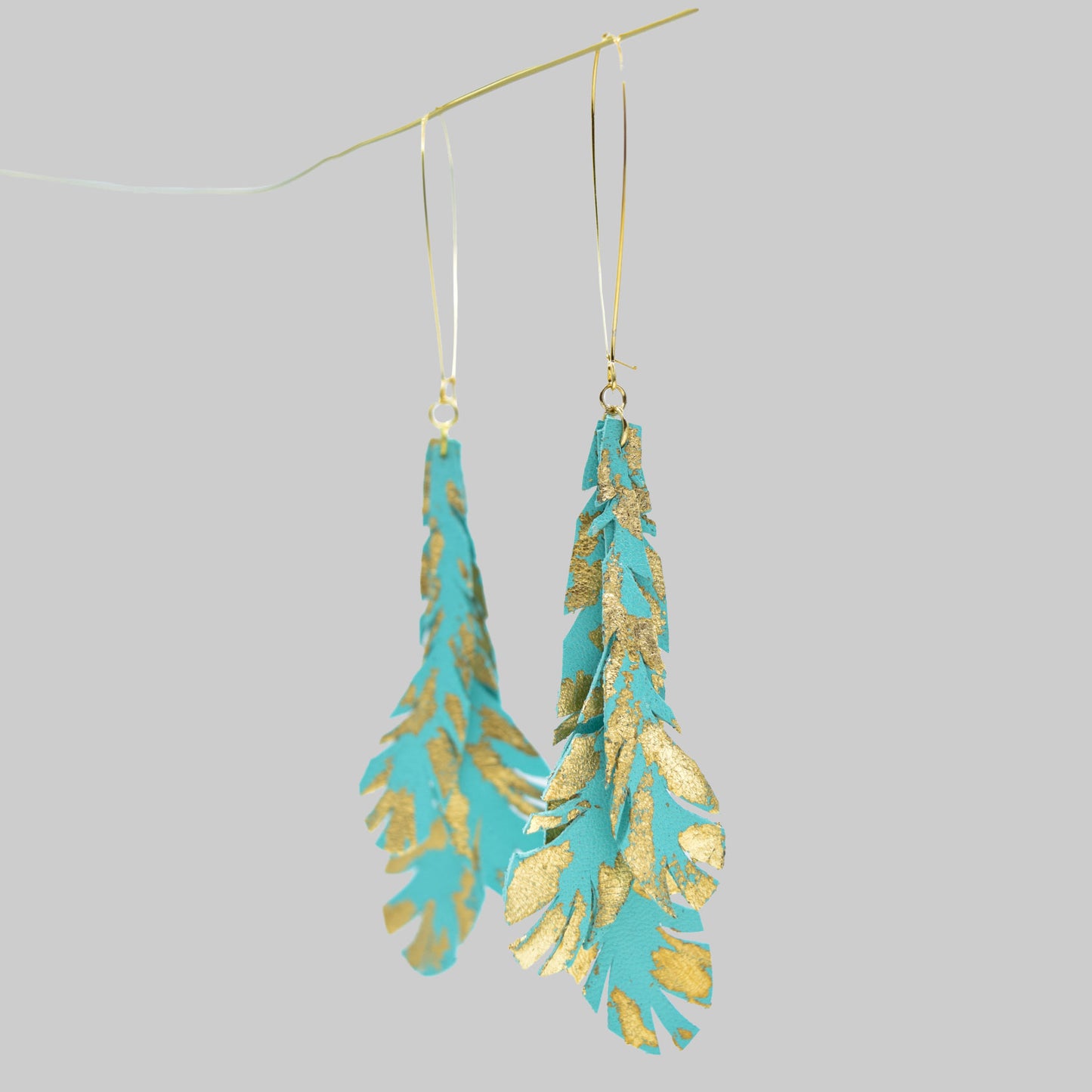 Feather Leather Earrings with Gold Metal Leaf- Turquoise