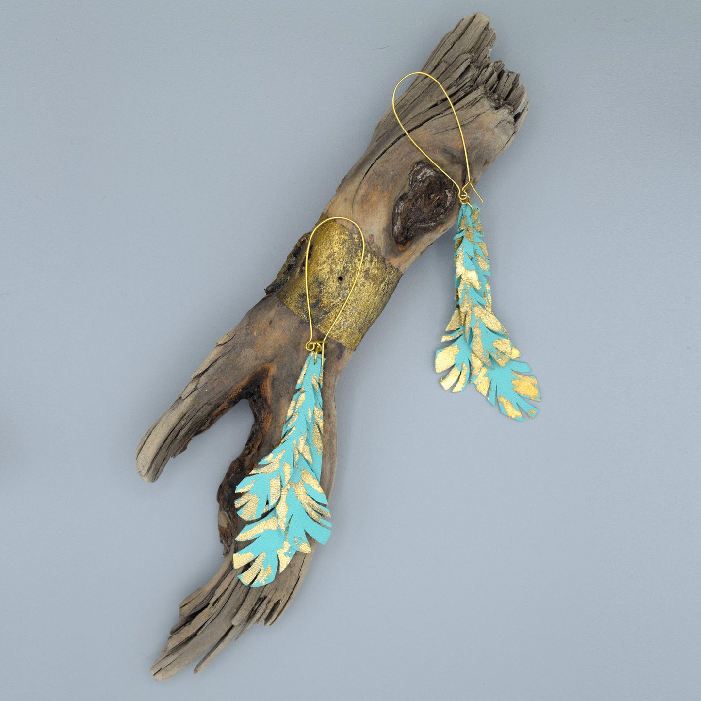 Feather Leather Earrings with Gold Metal Leaf- Turquoise
