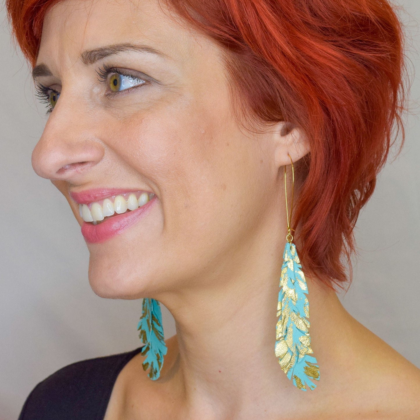 Feather Leather Earrings with Gold Metal Leaf- Turquoise