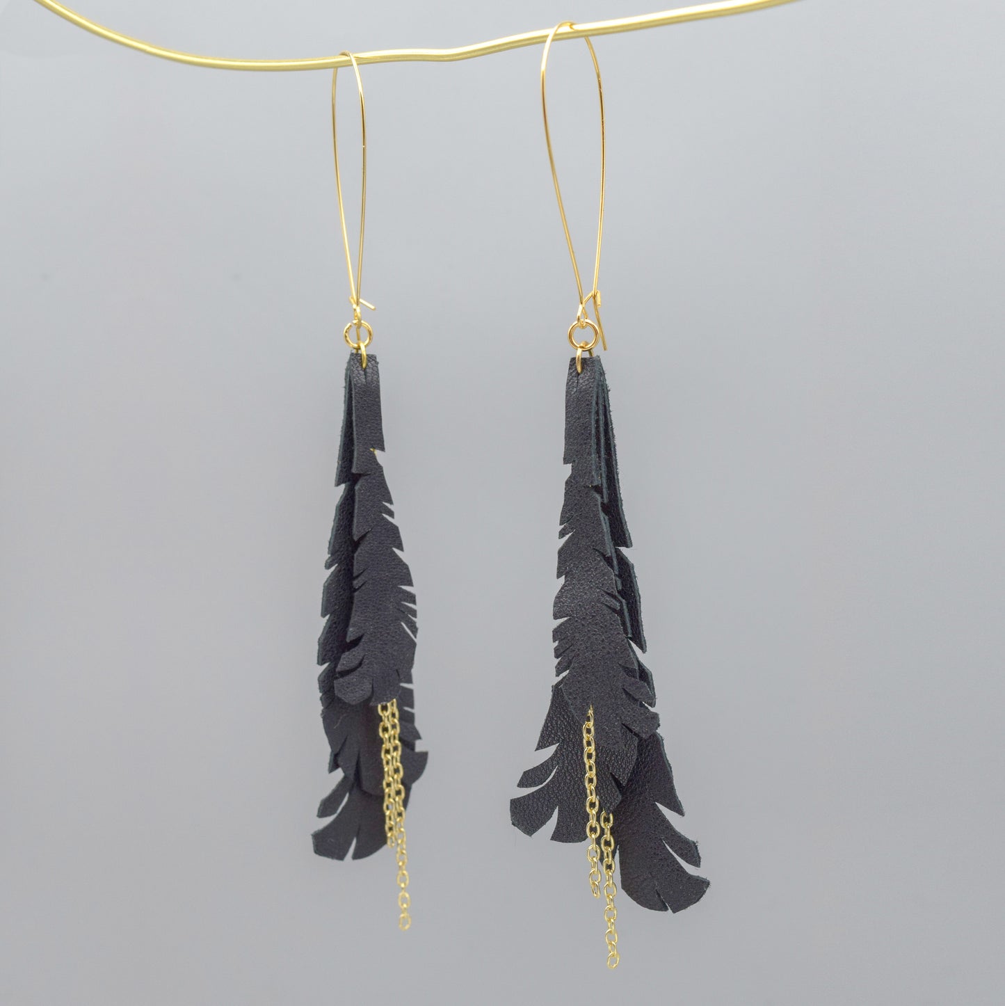 Black Feather Leather Earrings with Gold Chain Detail