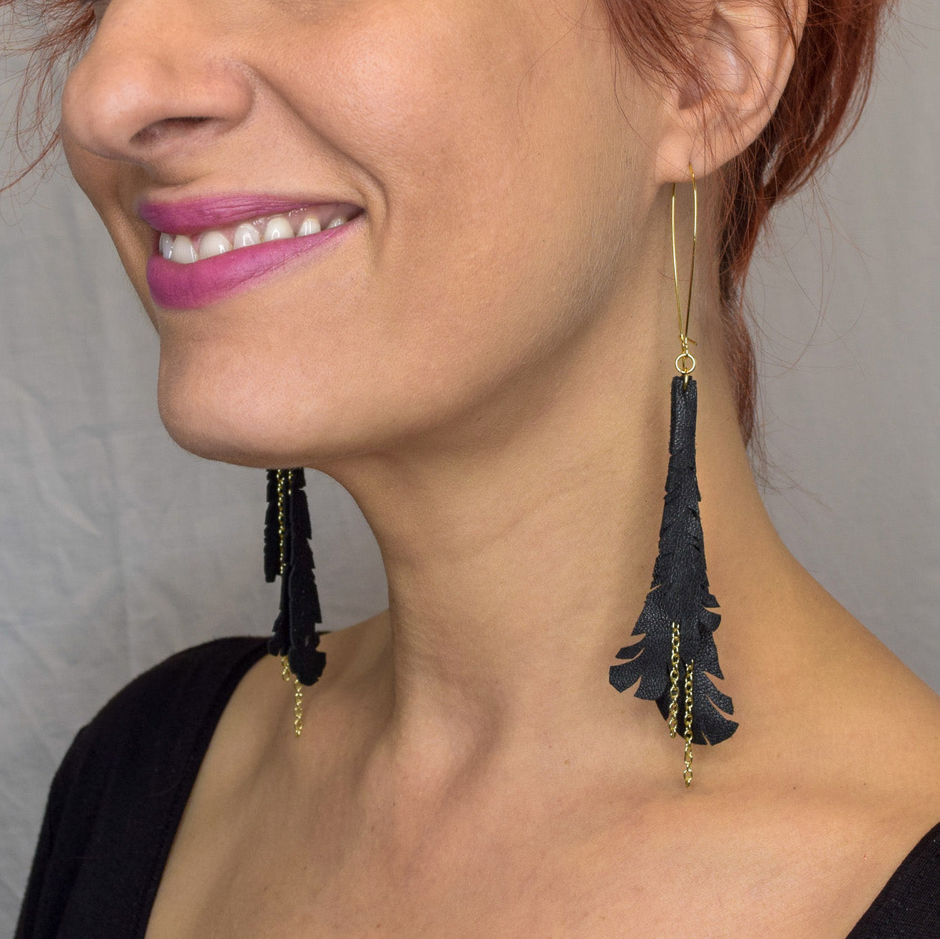Black Feather Leather Earrings with Gold Chain Detail