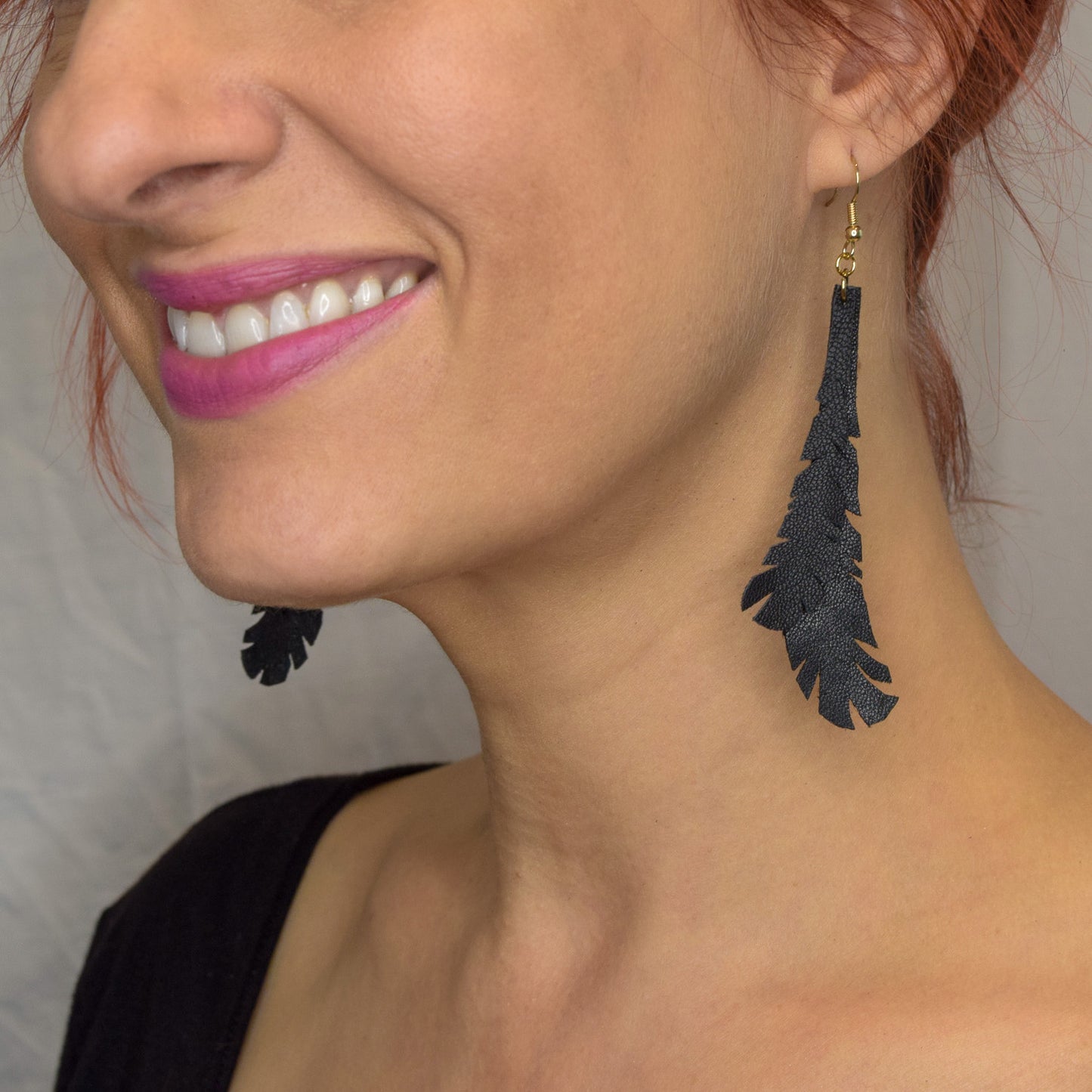 Feather Leather Earrings- Black "Shorties"