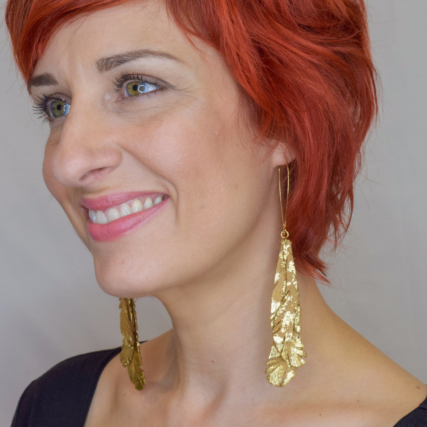 Feather Leather Earrings with Gold Metal Leaf- Camel