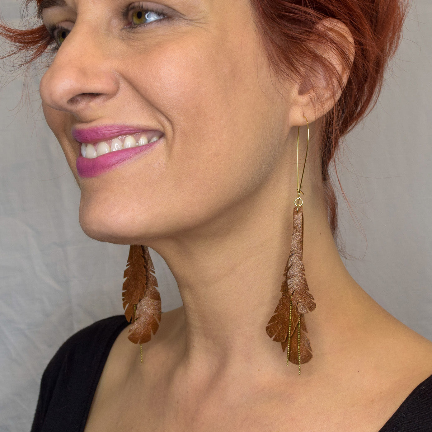 Caramel Feather Leather Earrings with Gold Chain Detail
