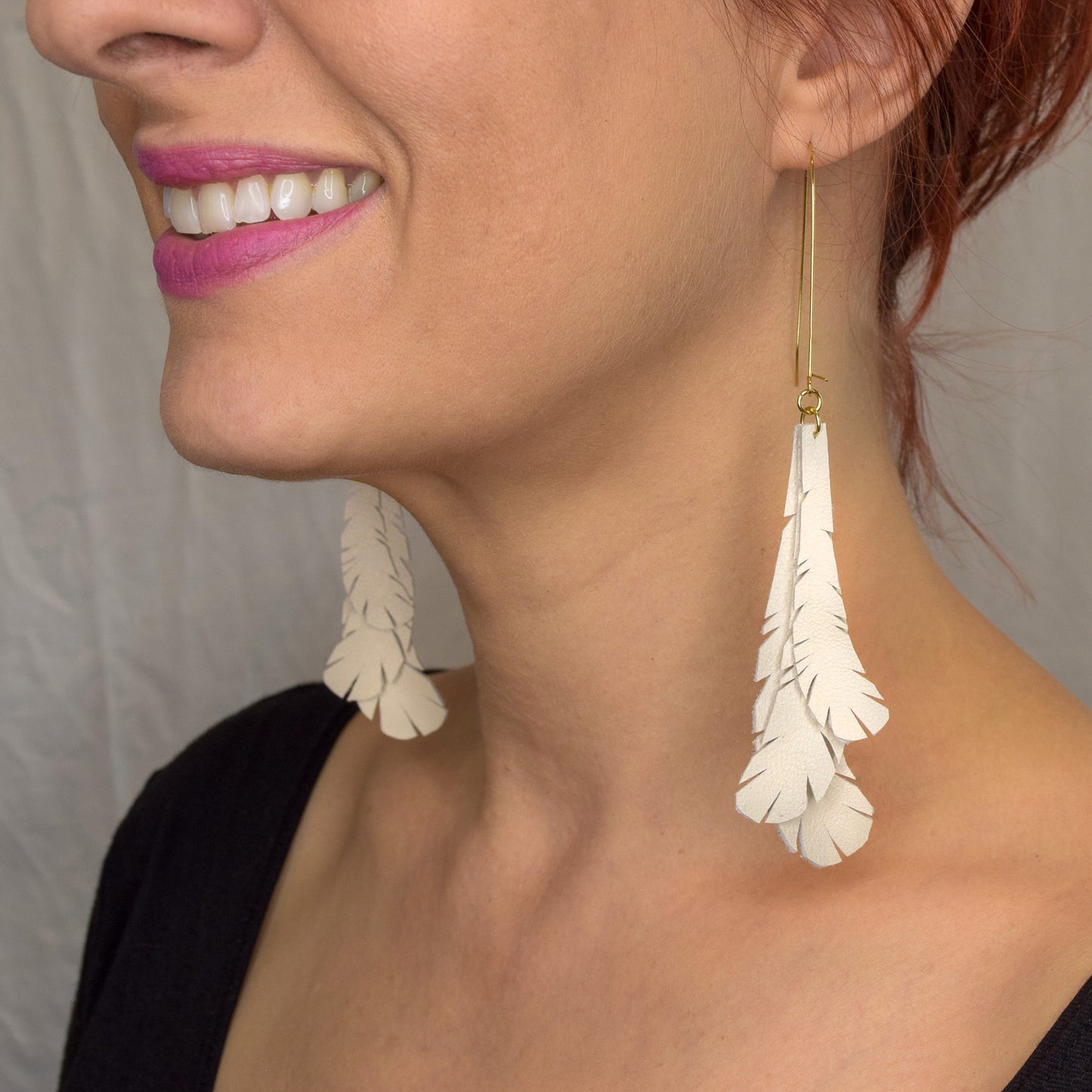 Feather Leather Earrings- Cream