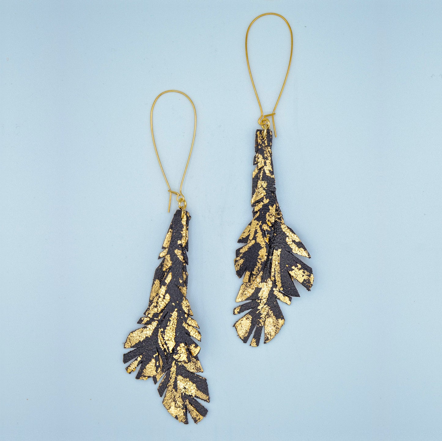 Feather Leather Earrings with Gold Metal Leaf- Black