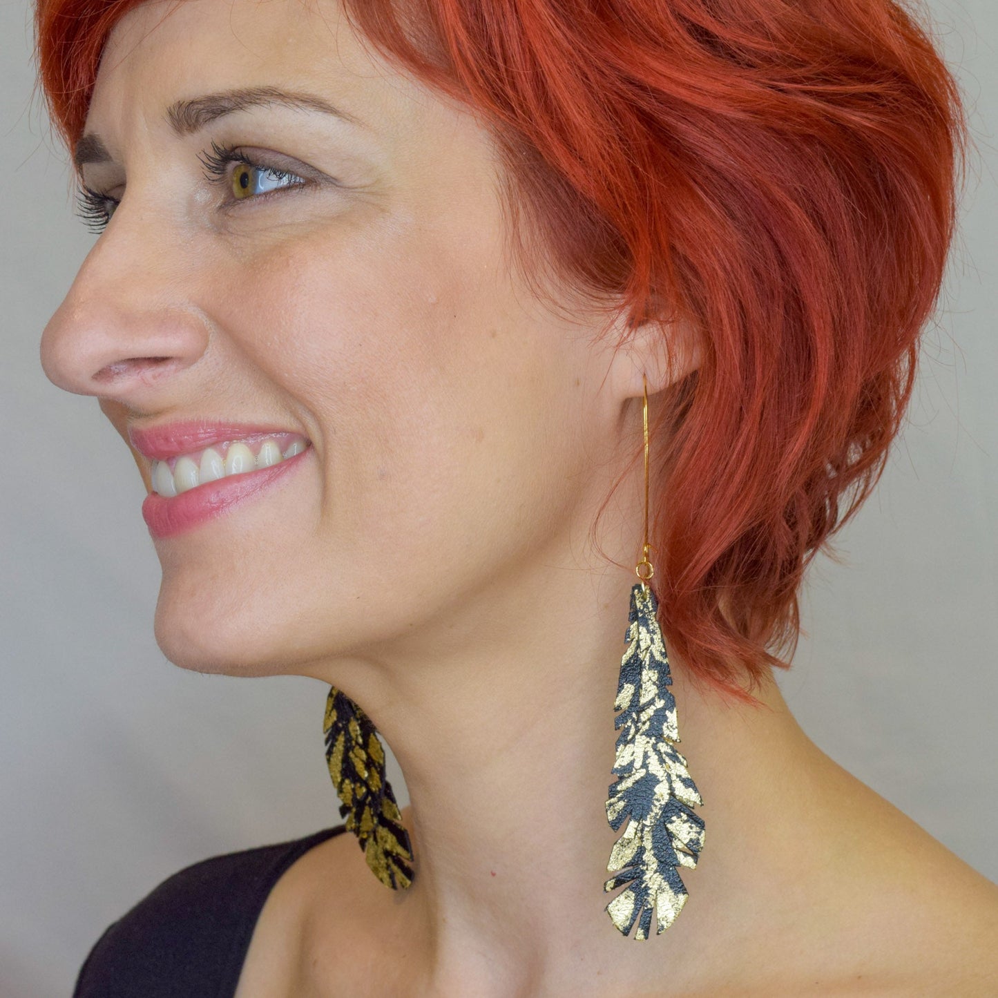 Feather Leather Earrings with Gold Metal Leaf- Black