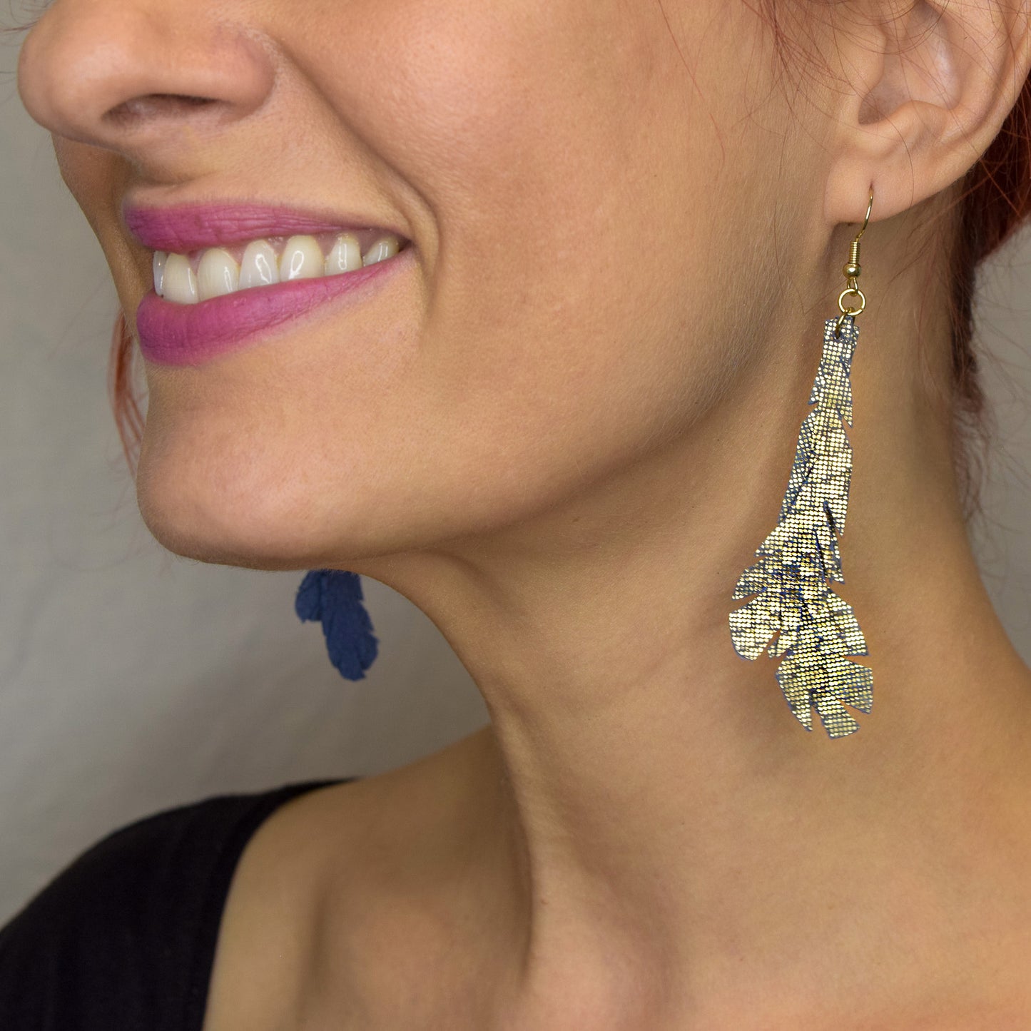 Metallic Feather Leather Earrings- Gold/Blue "Shorties"