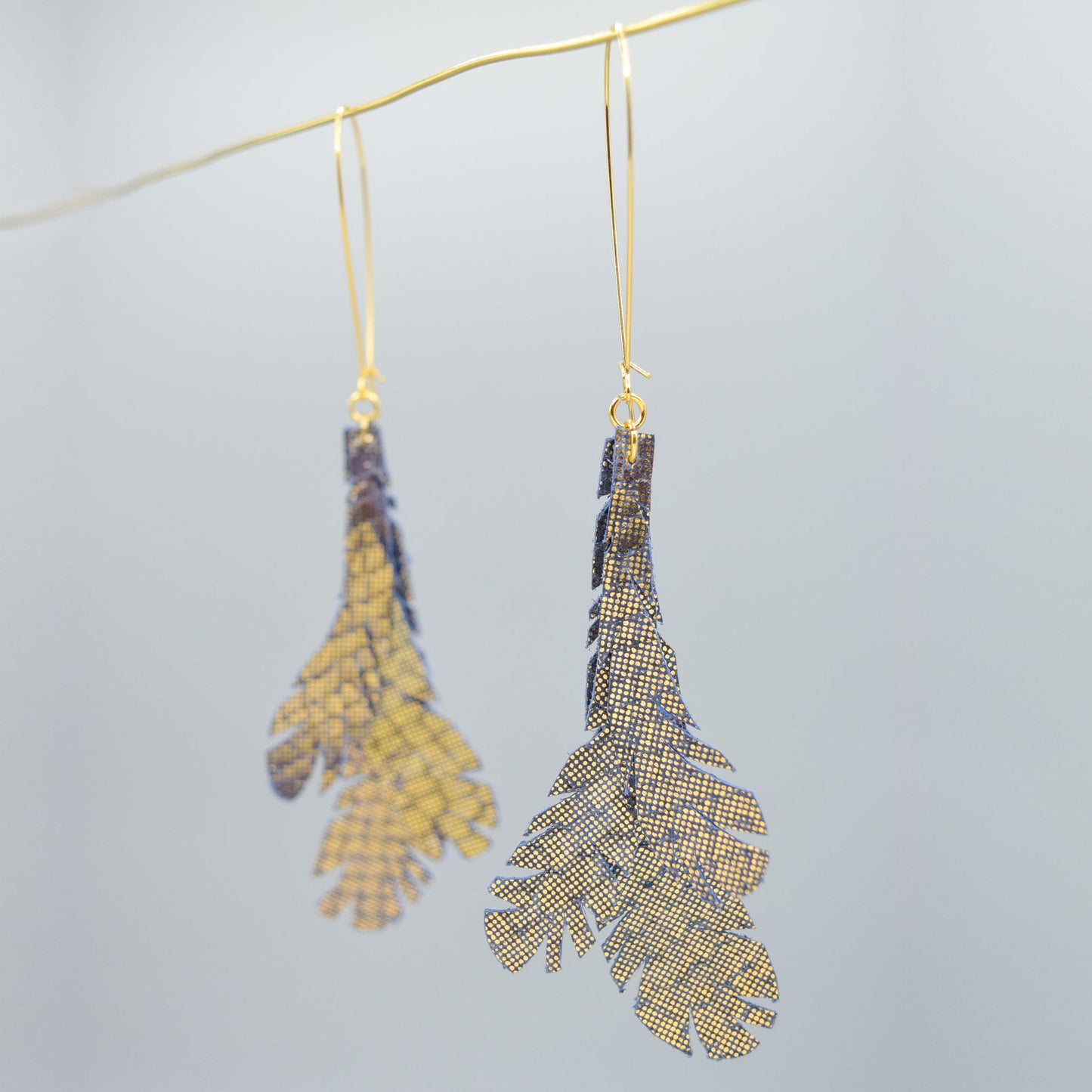 Metallic Feather Leather Earrings- Blue/Gold