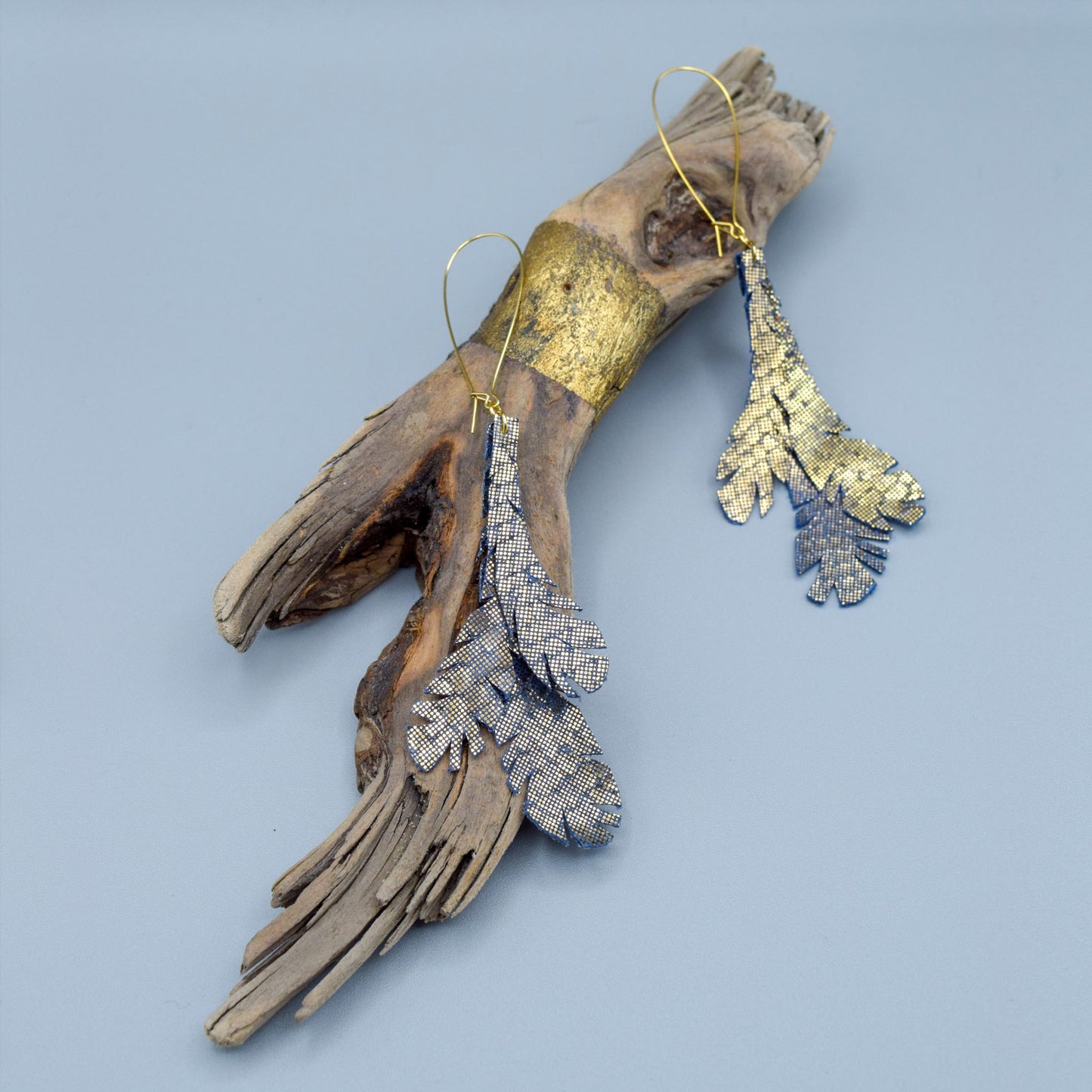Metallic Feather Leather Earrings- Blue/Gold