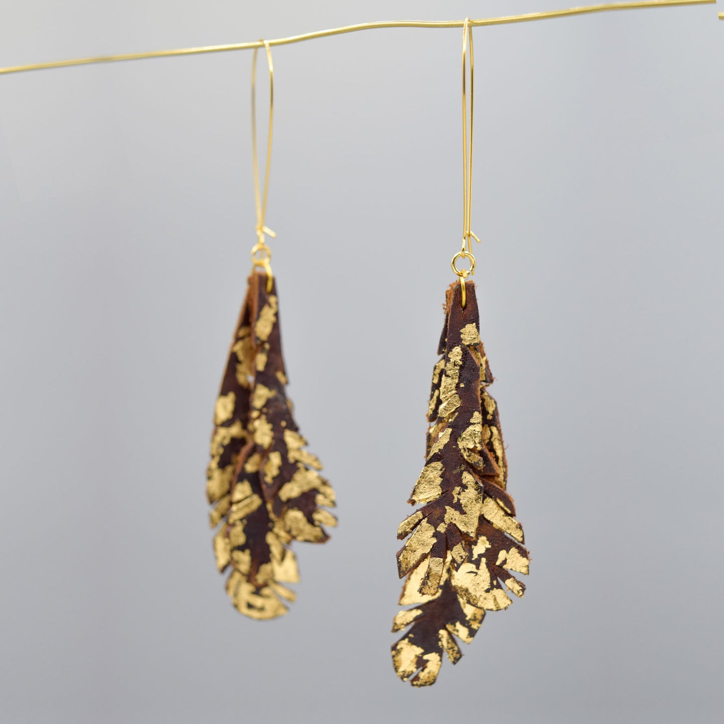 Feather Leather Earrings with Gold Metal Leaf- Chocolate