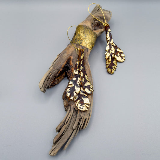 Feather Leather Earrings with Gold Metal Leaf- Chocolate