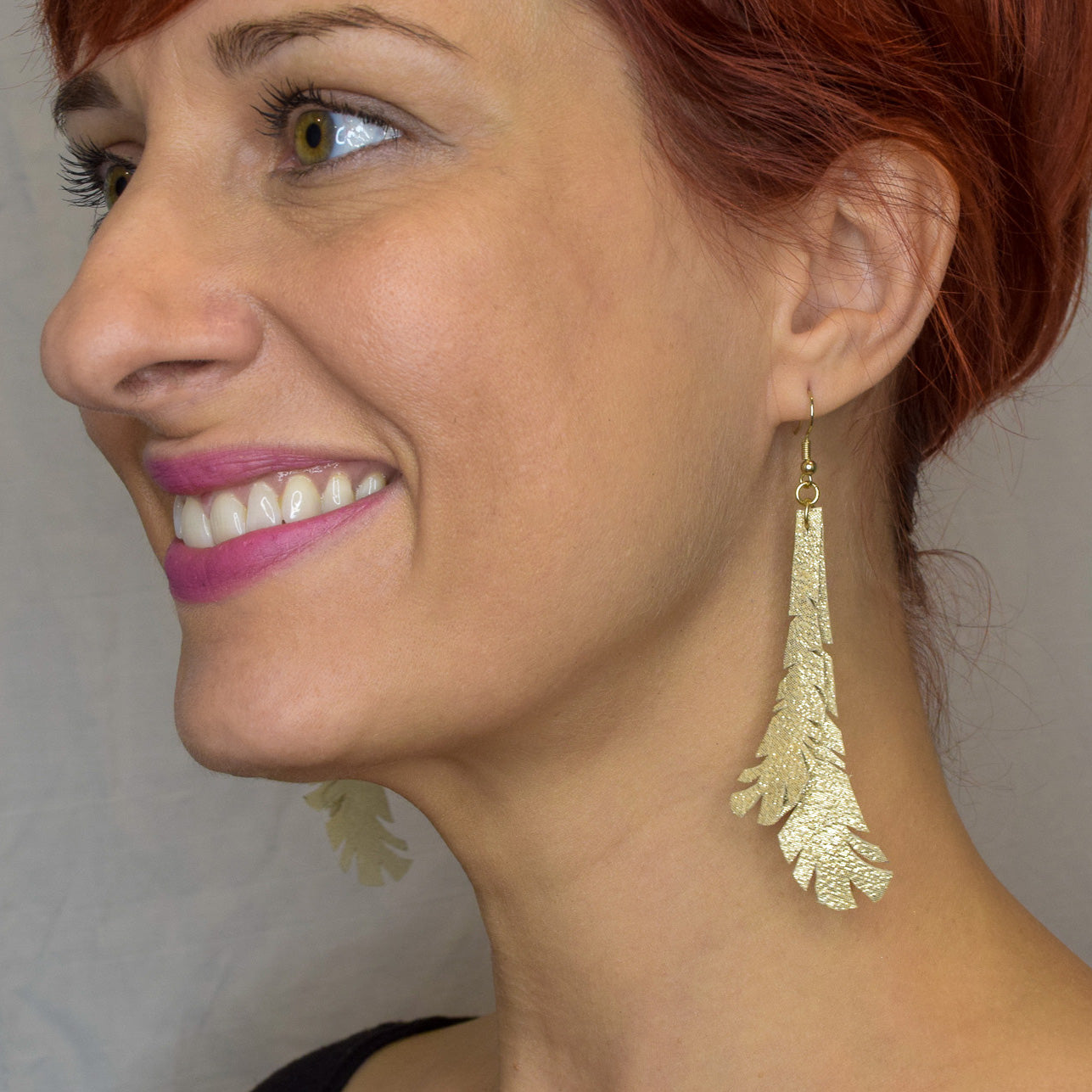 Metallic Feather Leather Earrings- Gold "Shorties"