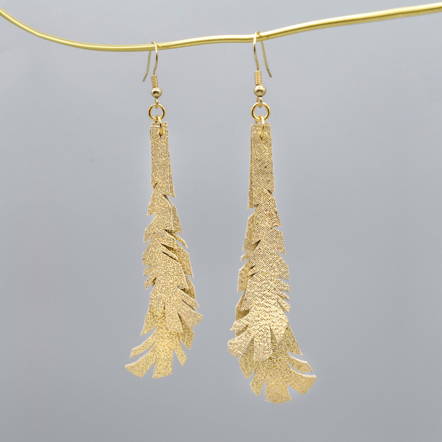 Metallic Feather Leather Earrings- Gold "Shorties"