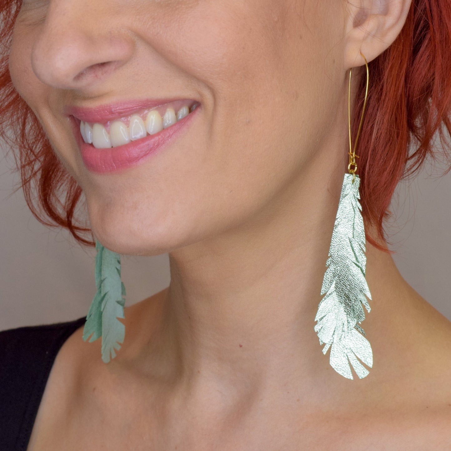 Metallic Feather Leather Earrings- Green