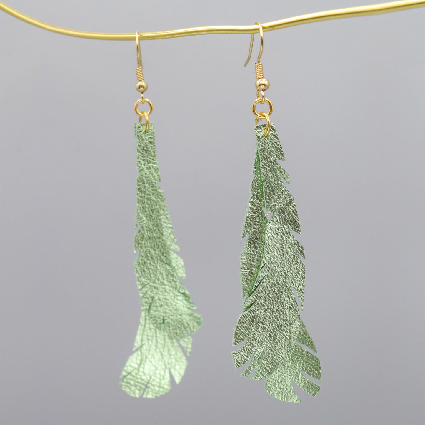 Metallic Feather Leather Earrings- Green "Shorties"