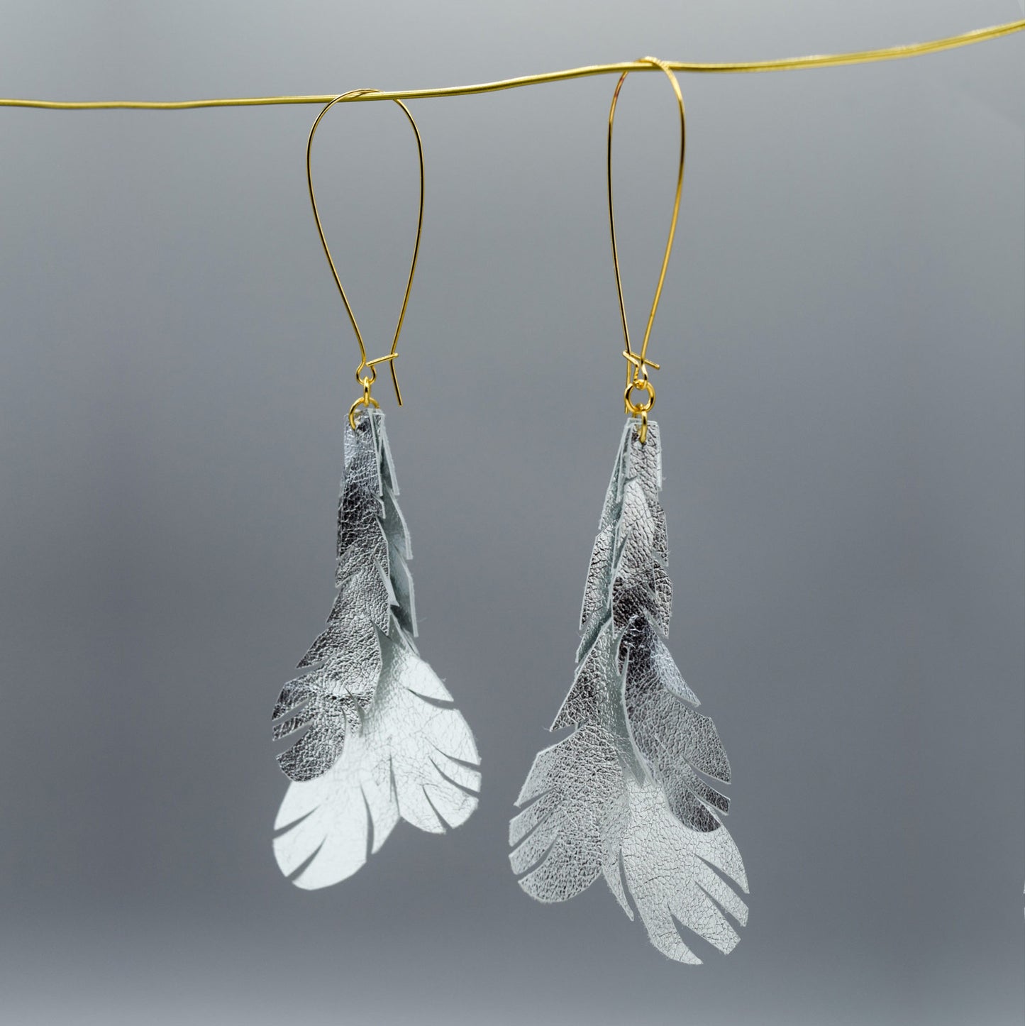 Metallic Feather Leather Earrings- Silver