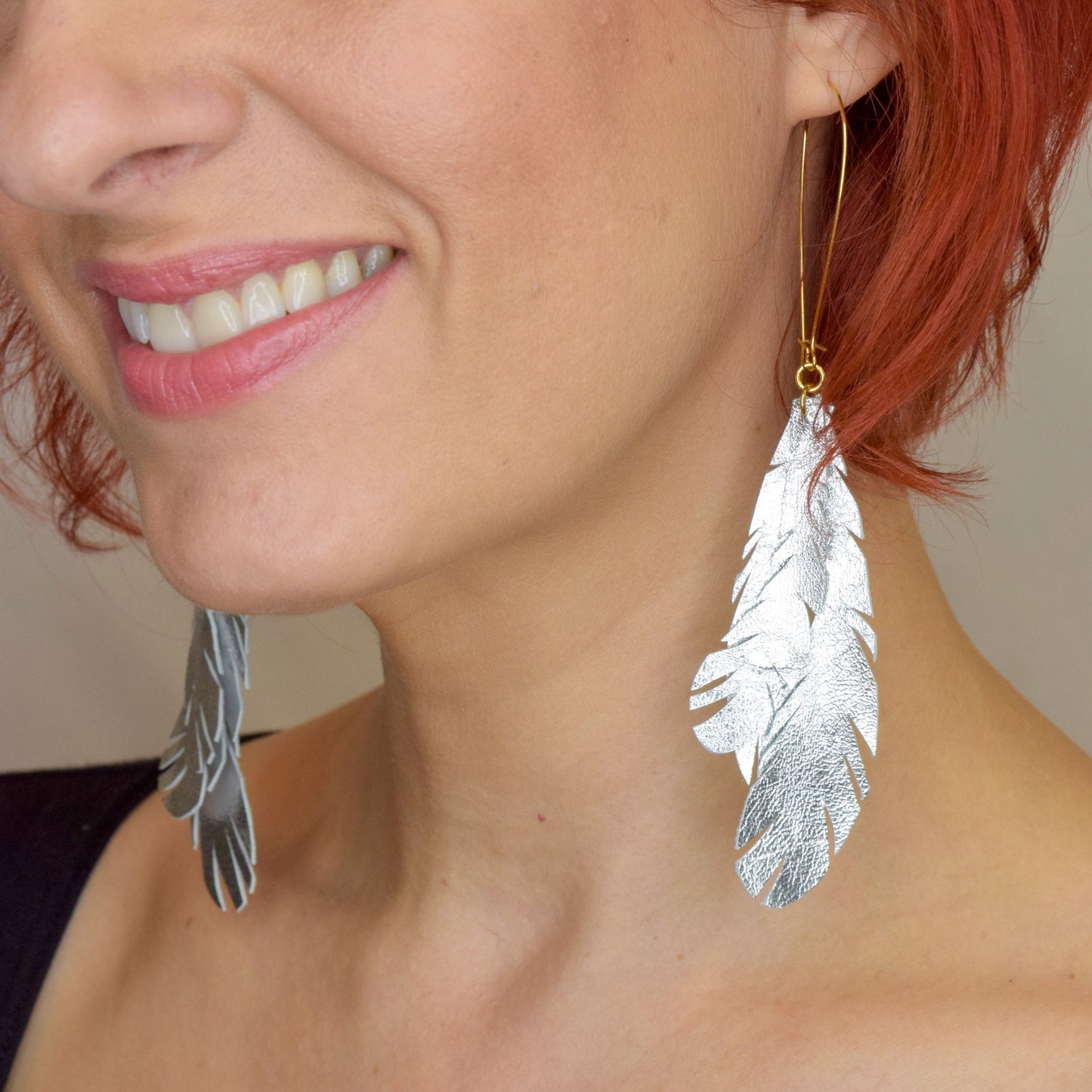 Metallic Feather Leather Earrings- Silver