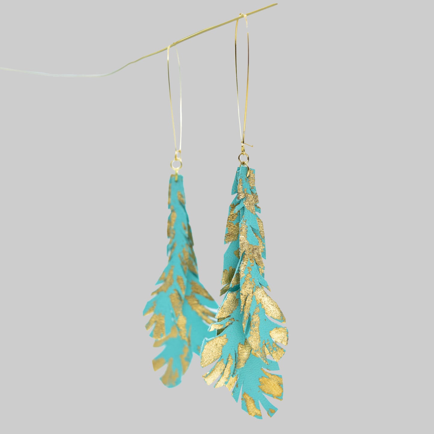 Feather Leather Earrings with Gold Metal Leaf- Turquoise